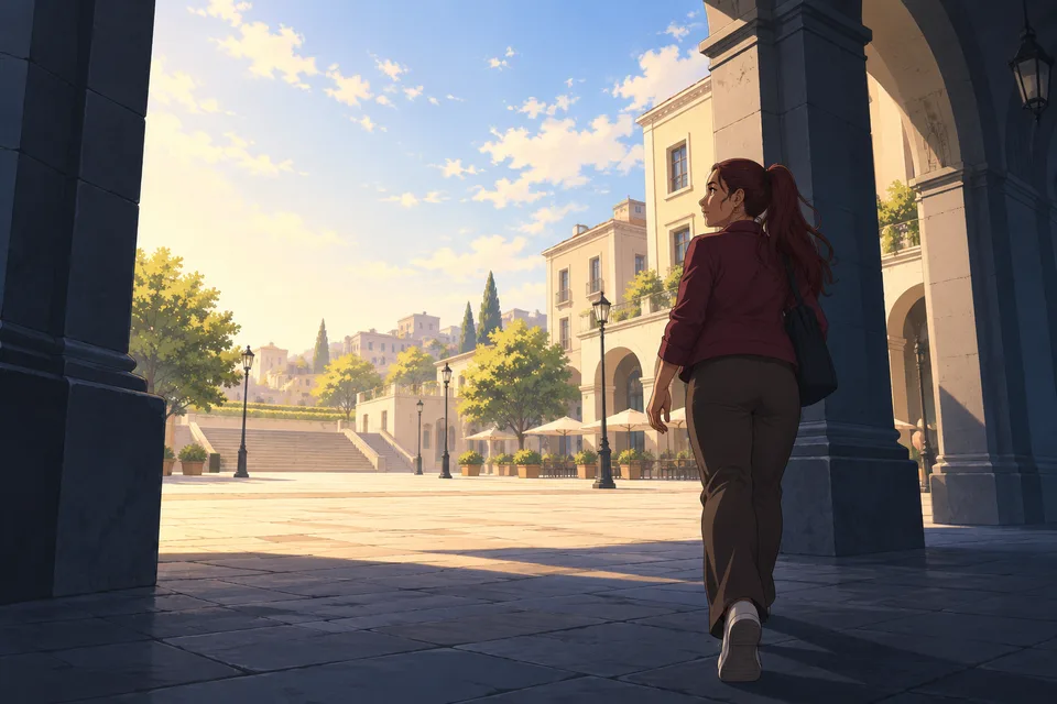 An adult woman walks out of a shaded passage toward an open sunlit plaza.