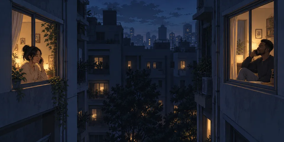 Two adults make separate calls from apartment windows across a night courtyard.