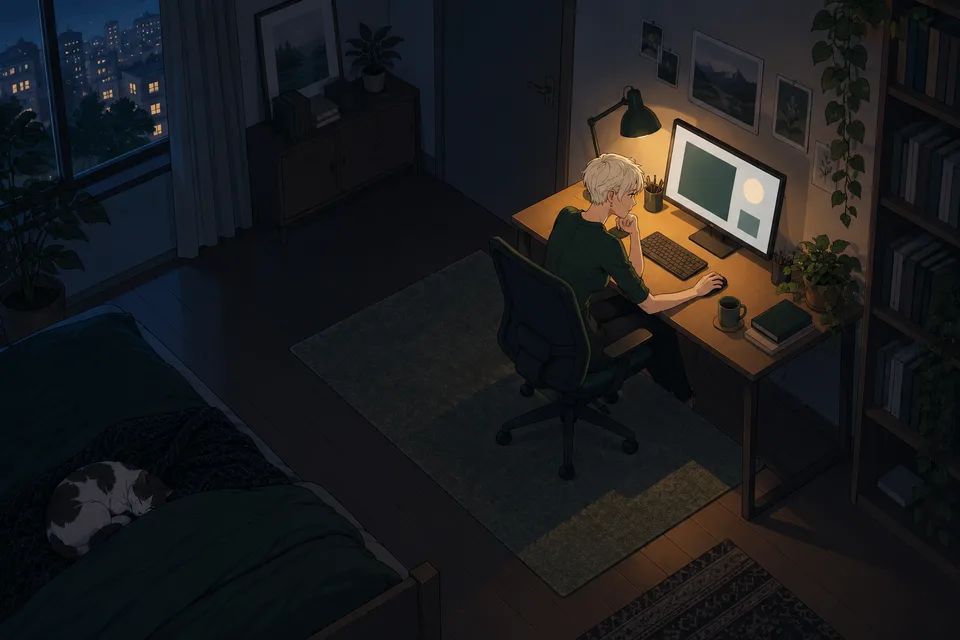 An adult woman works at a single screen under a desk lamp in a quiet night room.