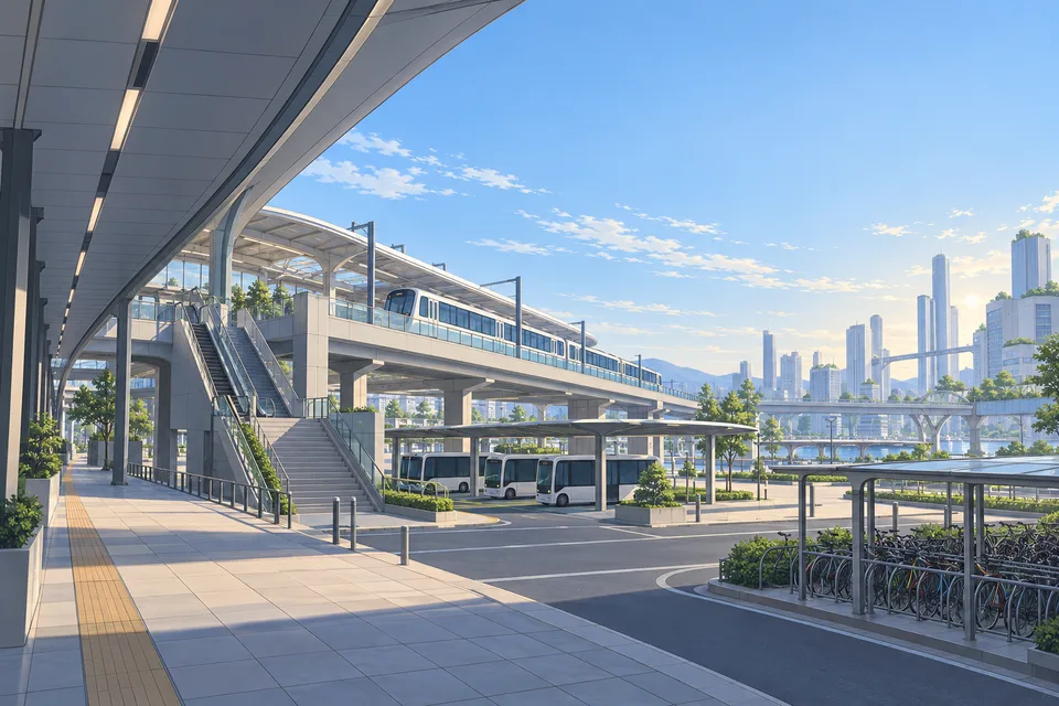 An anonymous future interchange joins elevated rail, sheltered walkways and shuttle bays.