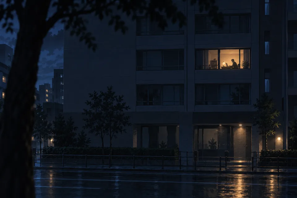 One lit upper-floor window reveals a distant worker in an otherwise dark building.