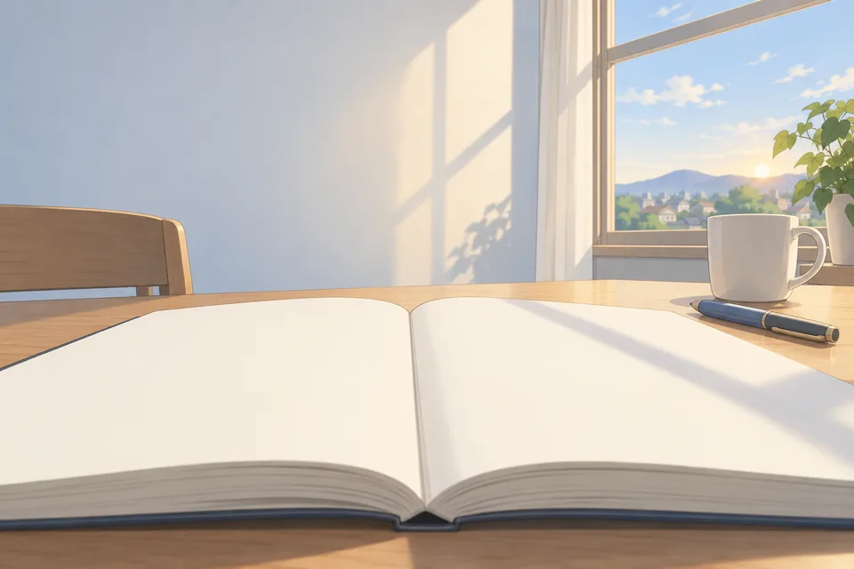 An open blank notebook, capped pen and cup rest beside a bright morning window.