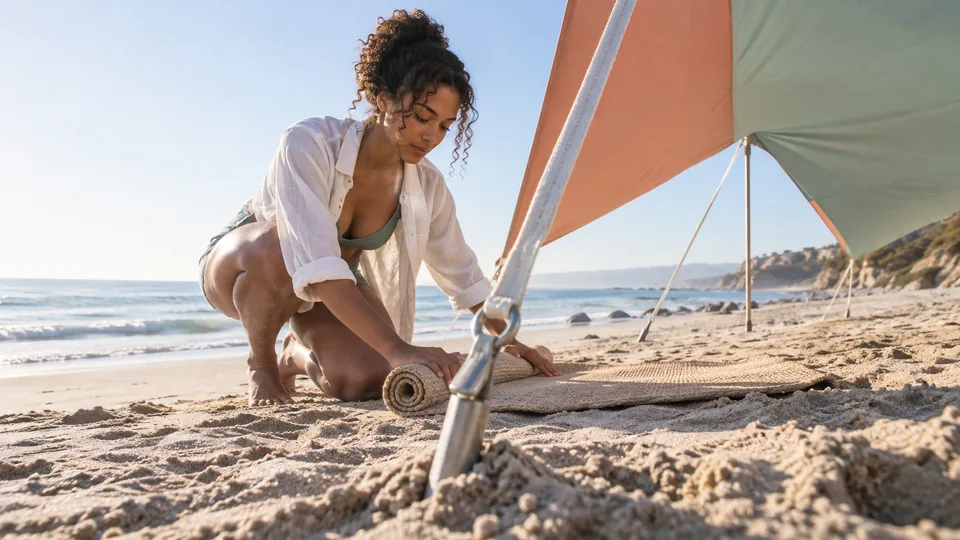 A young woman secures a fabric beach shade on the sand before the day begins.