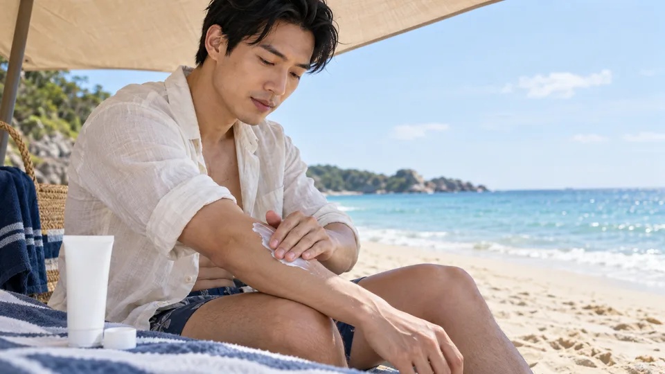 A young woman applies sunscreen to her forearm while sitting on a beach towel.