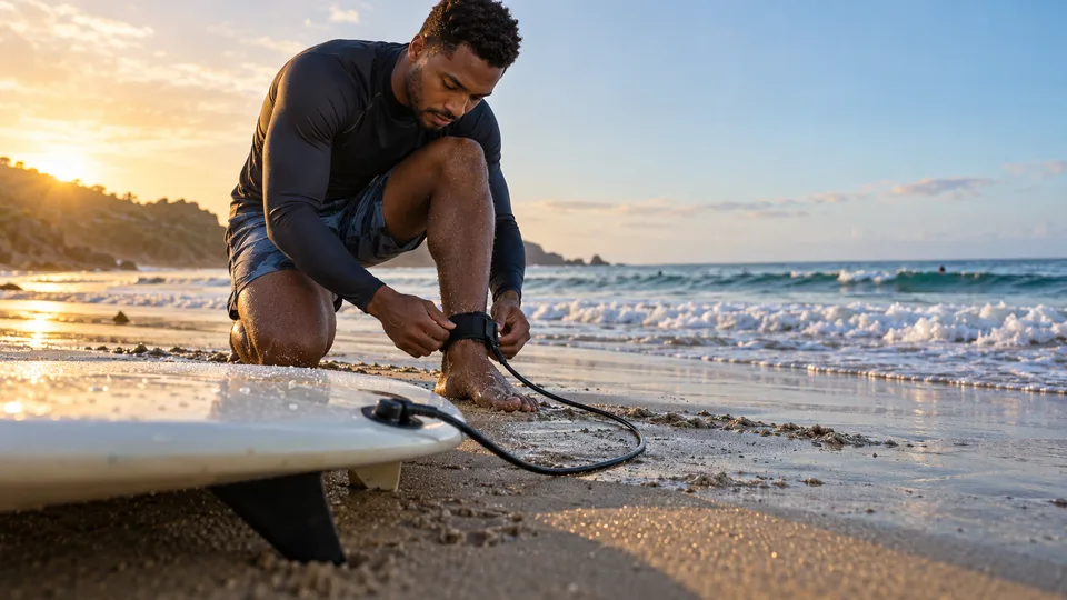 A young surfer checks the leash attached to a surfboard before entering the water.