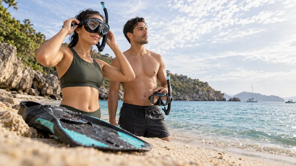 Two young adults adjust their snorkeling gear on the wet sand before entering the sea.