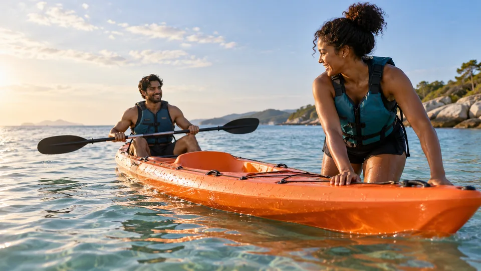 Two young adults in flotation vests launch a tandem kayak from the shore.