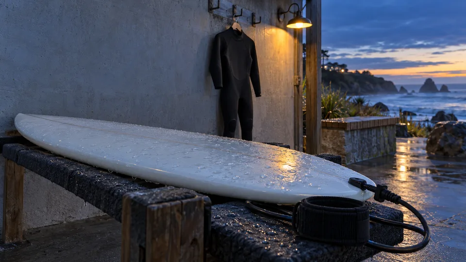 A surfboard and wetsuit are rinsed and stored after a day at the beach.