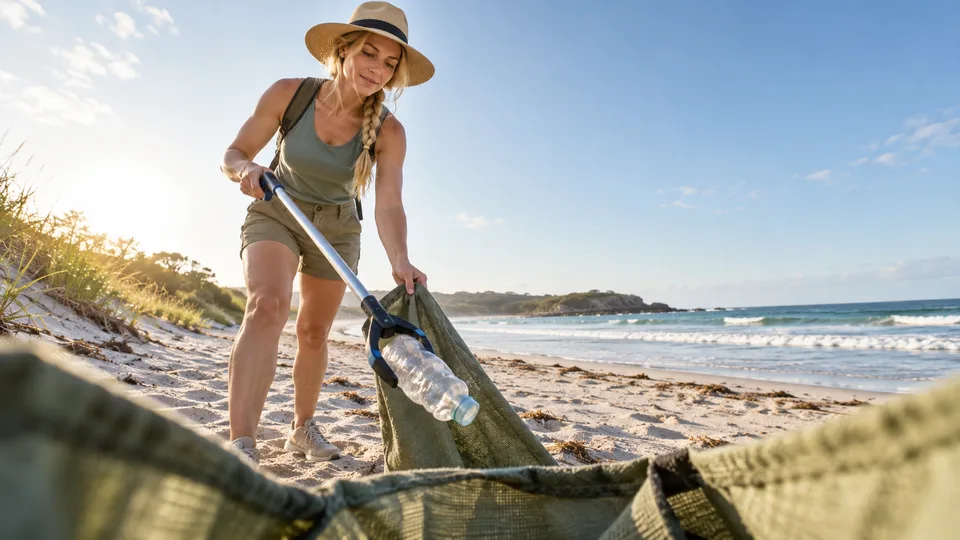 A young blonde woman lifts a discarded bottle with a litter grabber beside a reusable collection sack.