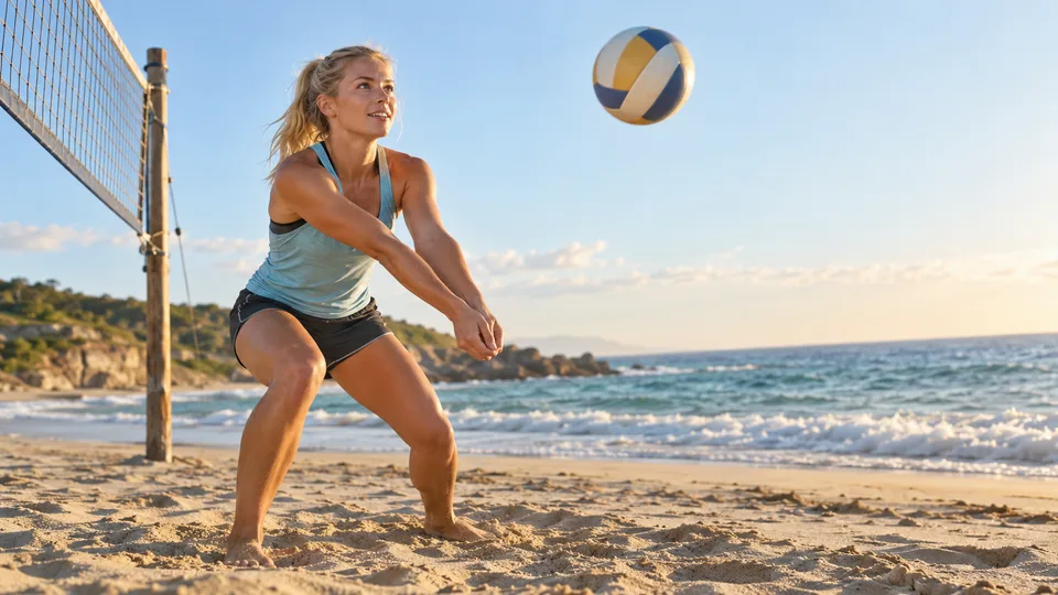 A young blonde woman prepares a forearm pass during a casual beach volleyball game.