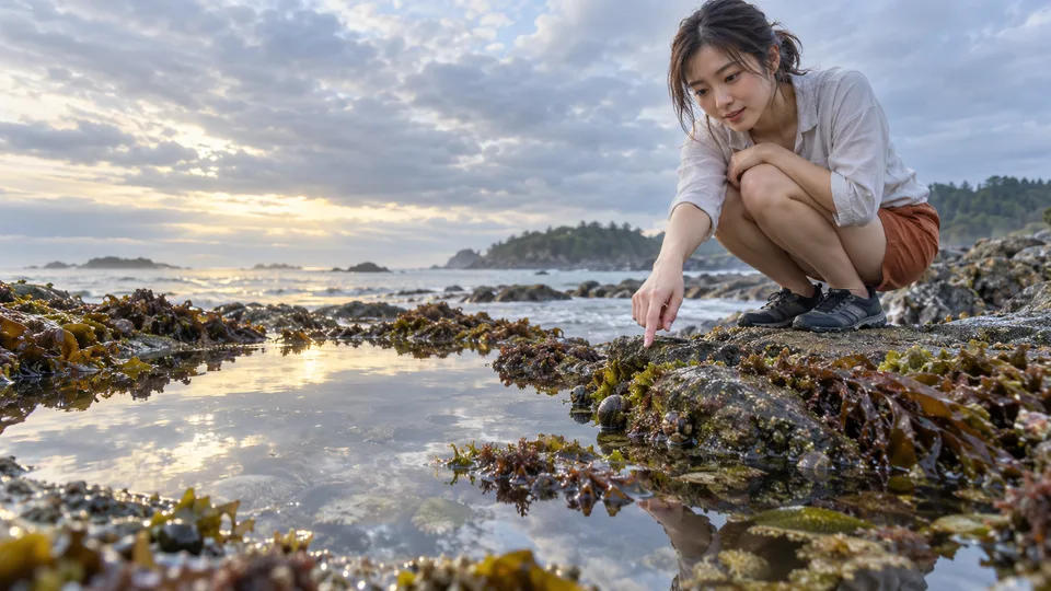 A young Japanese woman observes small marine life in a rocky tide pool.
