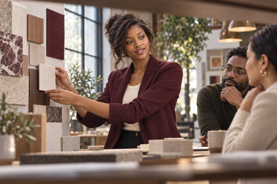 A Black woman presents a cafe renovation material palette to colleagues in a studio.