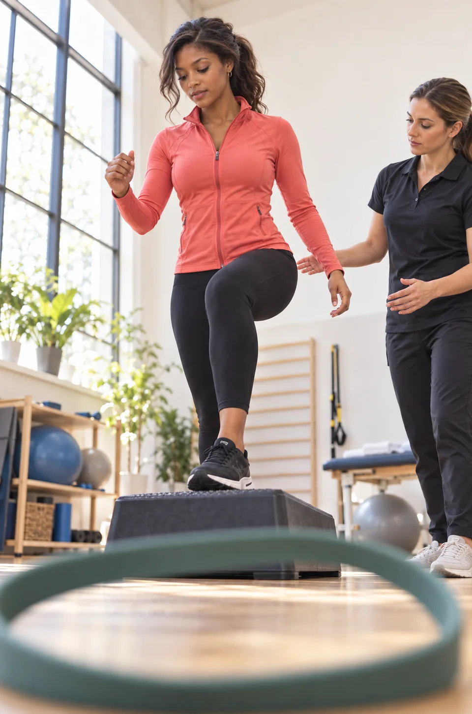 A Black woman practices a supervised balance step with a physical therapist.