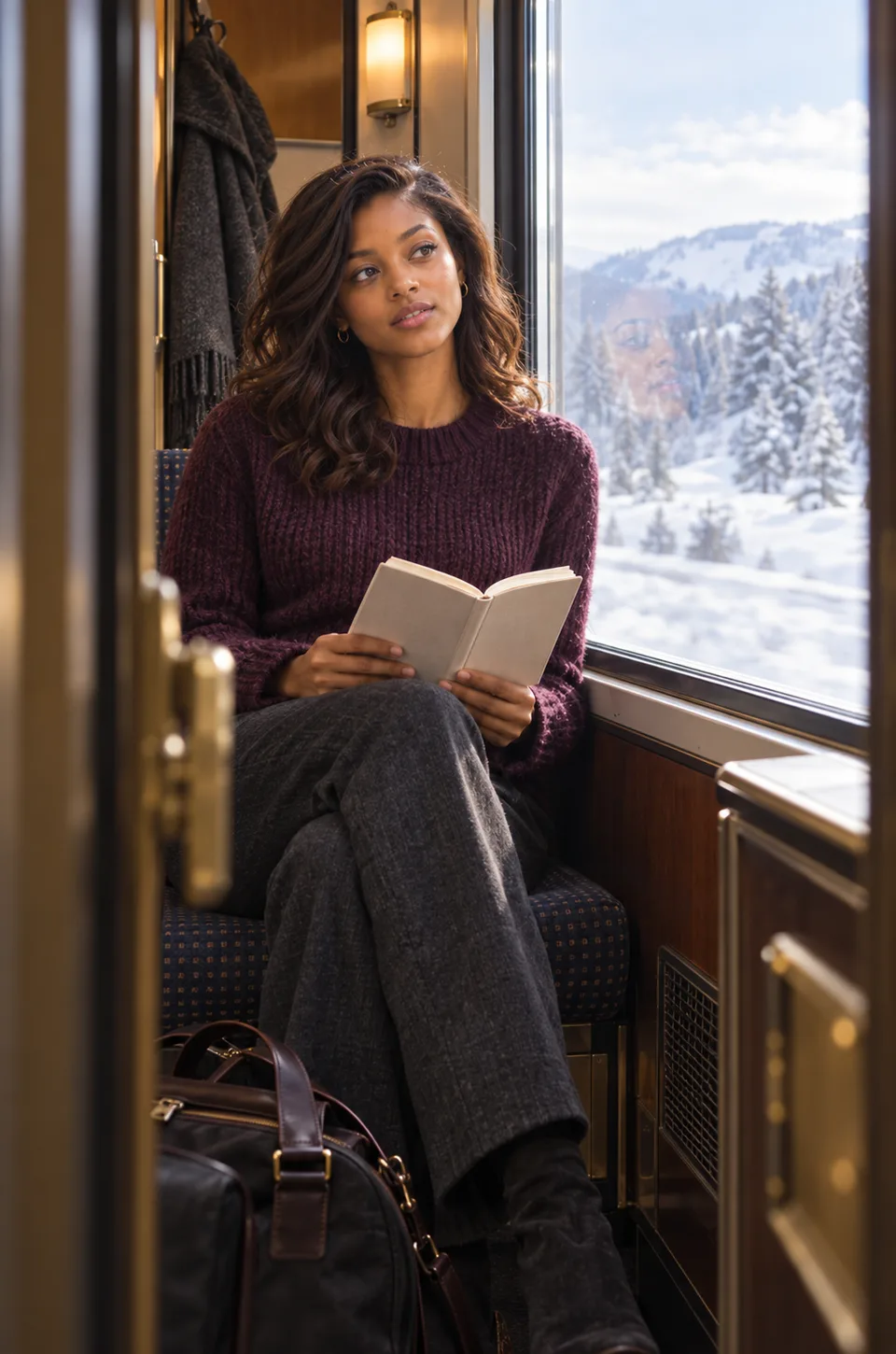 A Black woman watches snowy scenery through a train compartment window.
