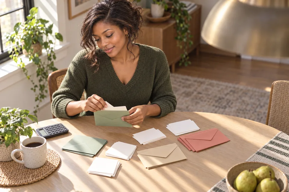 A Black woman sorts blank budget envelopes and a calculator at her dining table.