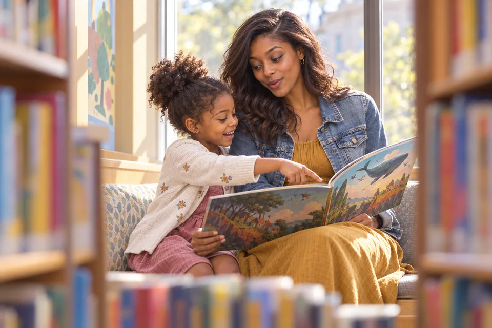 A Black mother and child share a picture book in a sunlit library nook.