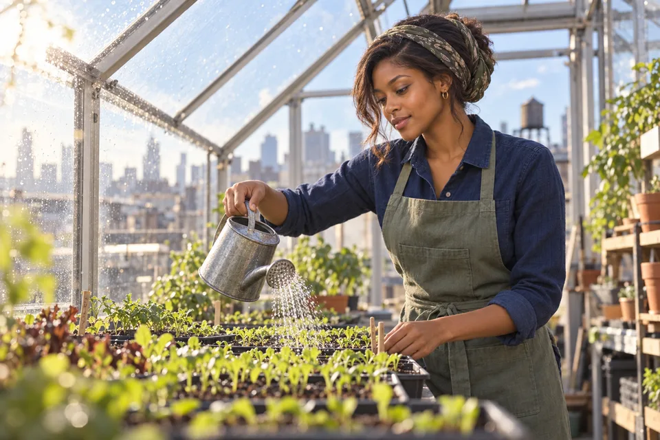 A Black woman waters seedling trays in a shared rooftop greenhouse.