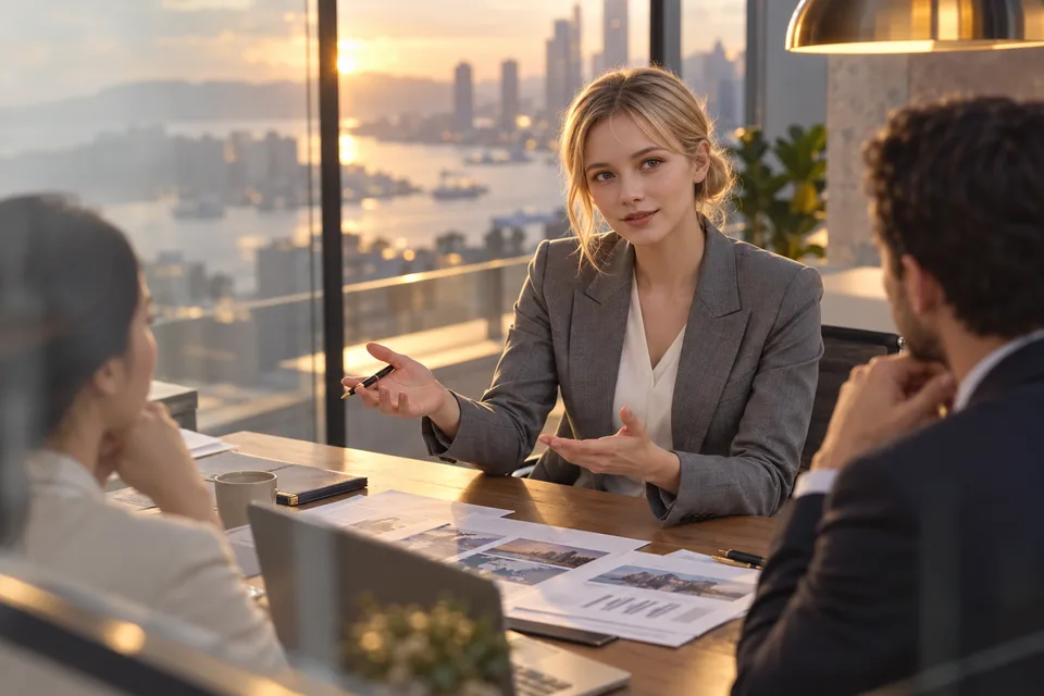 A blonde woman presents a business idea in a creative studio, engaged with her colleagues.