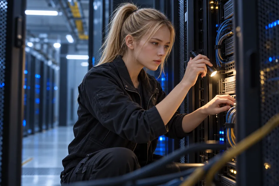 A blonde woman technician works with network equipment in a modern technical workspace.