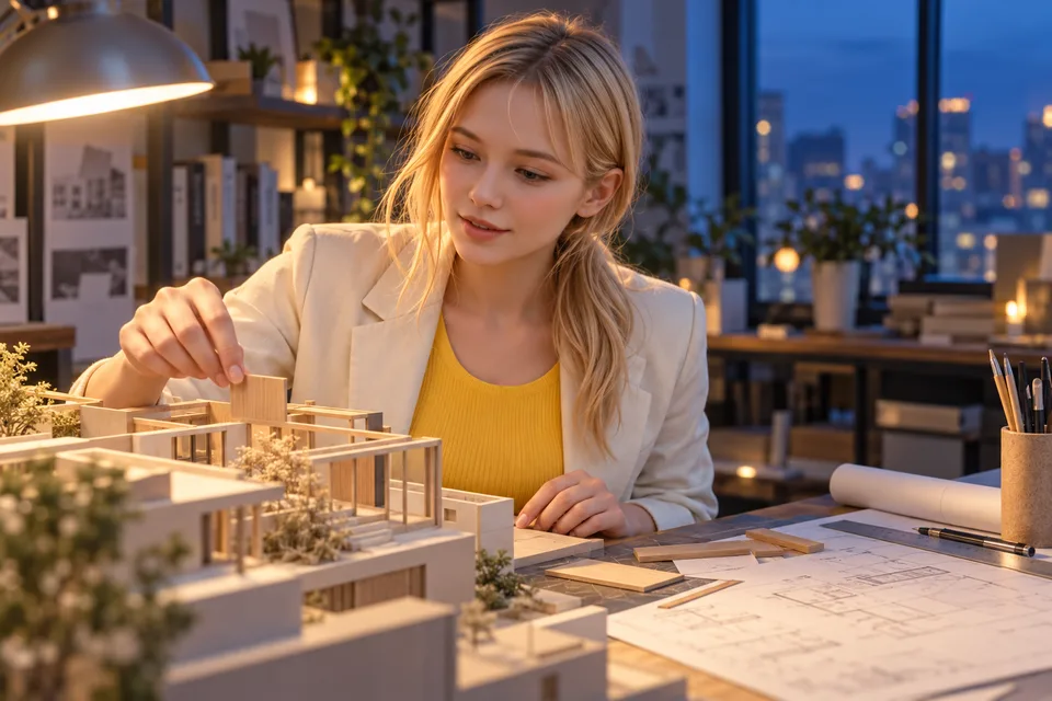 A blonde woman works through a design model during an evening class.