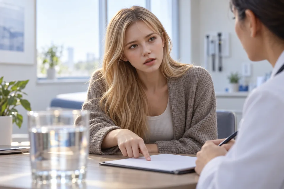 A blonde woman discusses a health concern with a clinician during a routine appointment.