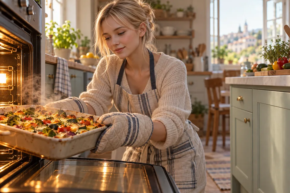 A blonde woman prepares a homemade meal in a warm, lived-in kitchen.