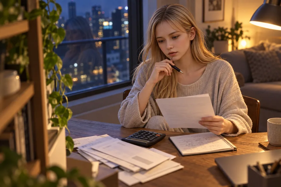 A blonde woman considers household spending while organizing papers at home.