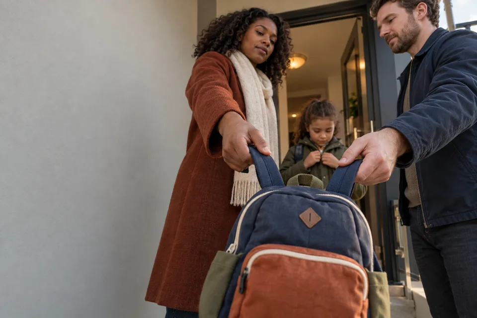 Two parents exchange a child's overnight backpack at an apartment doorway while the child fastens a jacket.