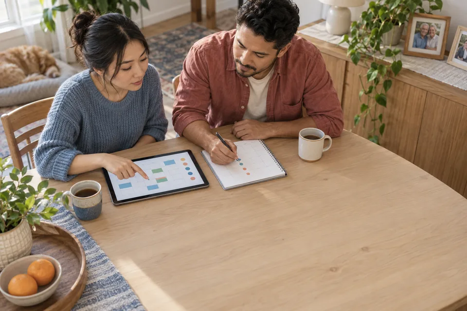 Two adult siblings coordinate care at a table with unmarked planning cards in daylight.