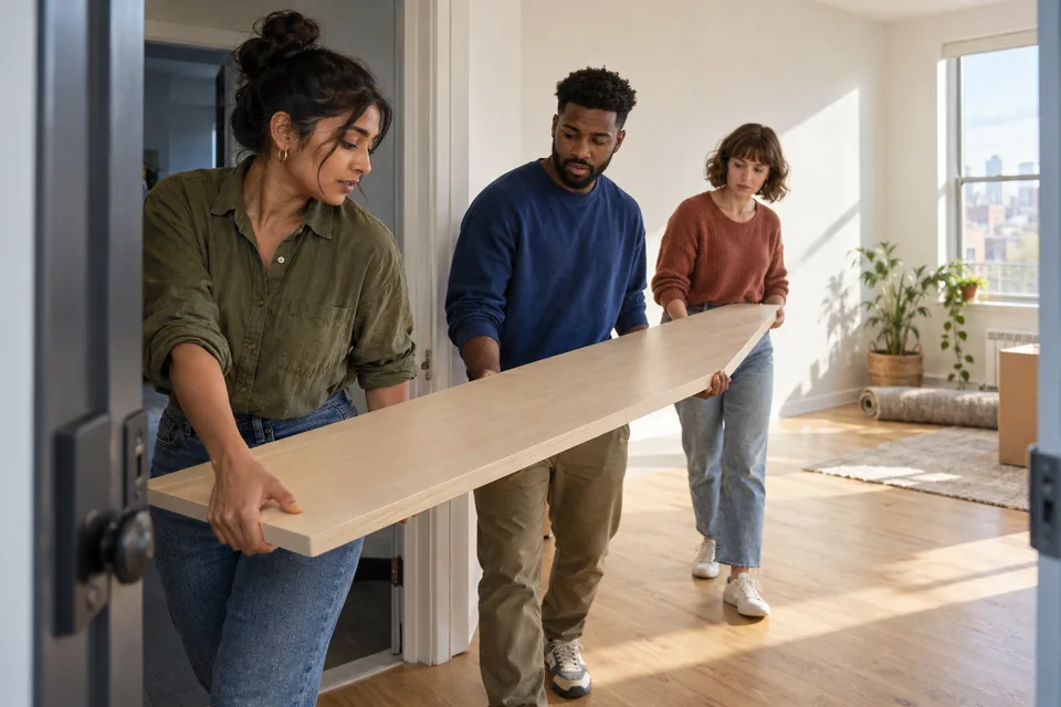 Three friends carry a shelf into a new shared home, framed through an open doorway.