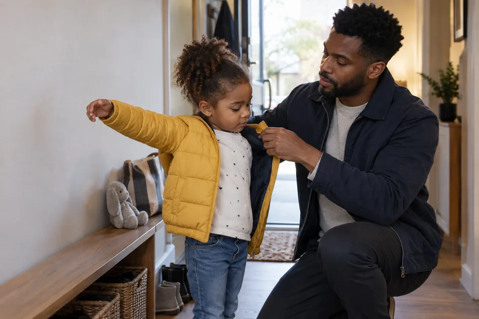 A father helps his child into a coat in the morning hallway before they leave home.