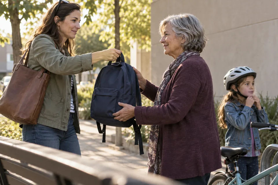 A parent and grandparent exchange a child's backpack near an entryway in afternoon light.