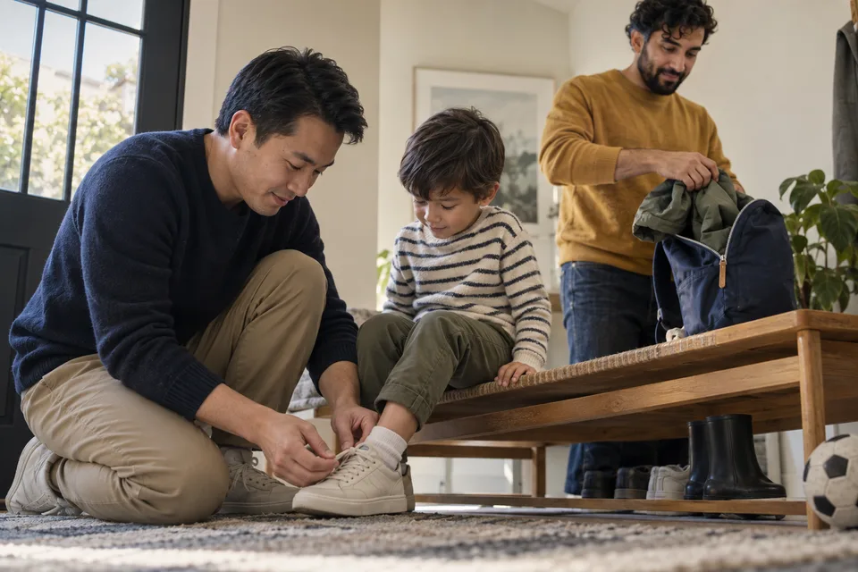 Two fathers prepare a child's coat and bag together in a lived-in home before school.