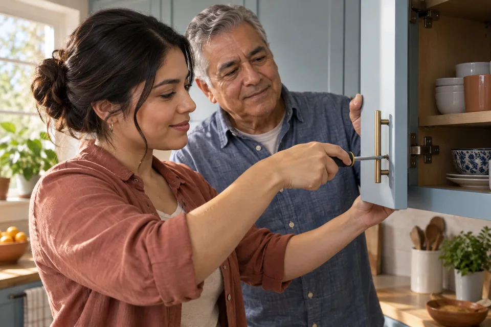 An adult daughter and her father inspect a small household repair beside a tool chest.