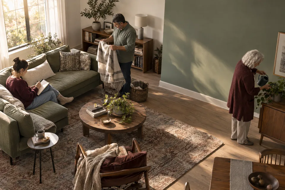 Three generations share a bright living room while attending to separate everyday activities.