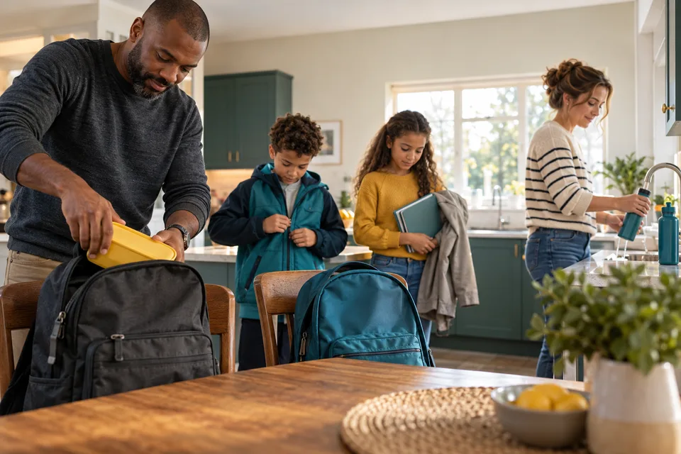 Adults and children sort lunches and bags around a kitchen counter before the school day.