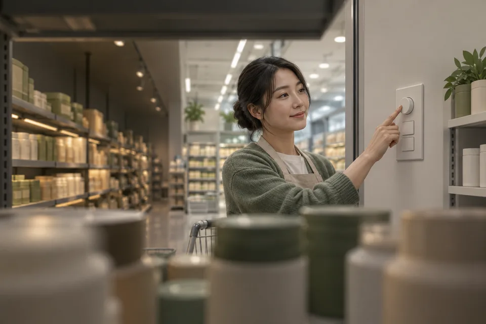 A supermarket worker adjusts aisle lighting before a quieter shopping period.