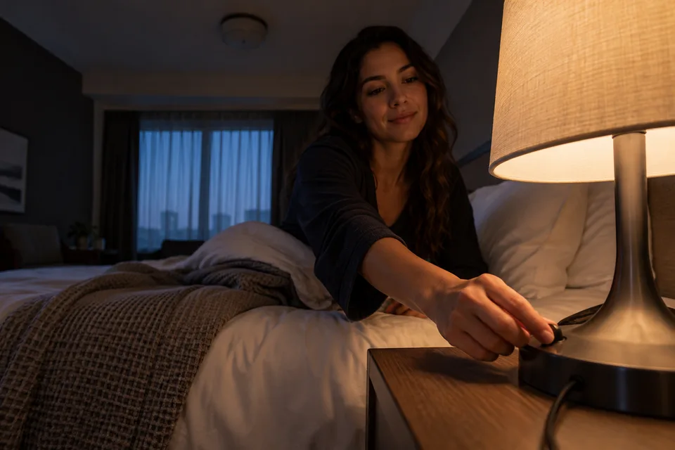 A traveler dims a bedside lamp in a hotel room as evening light enters the window.