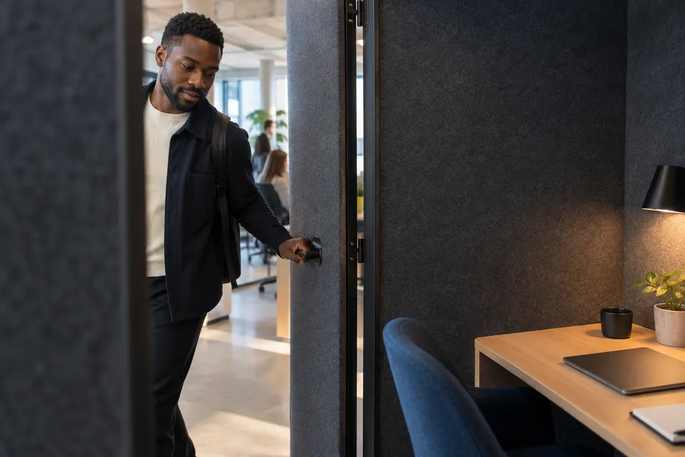 A worker steps into an acoustic booth beside a brighter, busier open office.