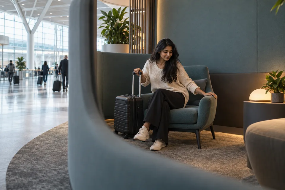 A traveler settles beside a suitcase in a softly lit seating alcove off the airport concourse.