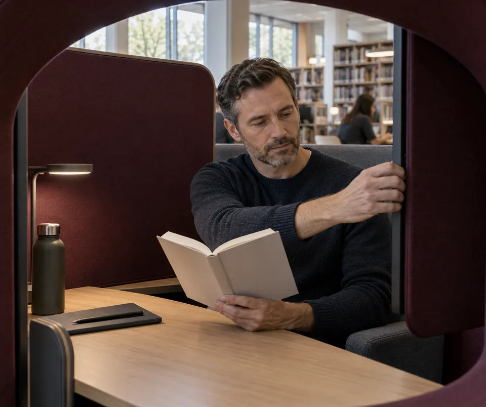 A reader adjusts a semi-enclosed library study pod before opening a book.