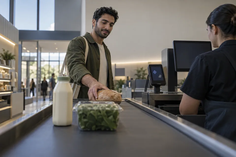 A shopper places groceries on a checkout belt beneath restrained lighting and inactive display screens.