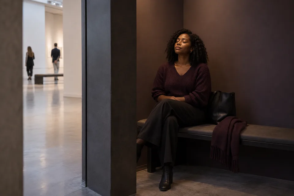 A museum visitor rests in a subdued alcove away from the brighter main gallery.