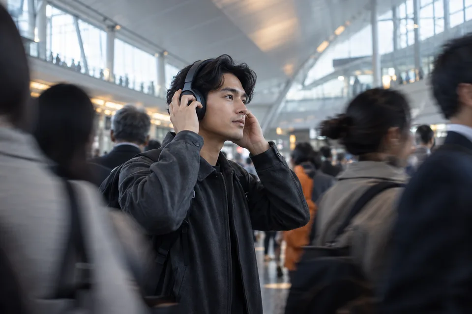A traveler adjusts over-ear noise-reduction headphones amid a busy transport concourse.