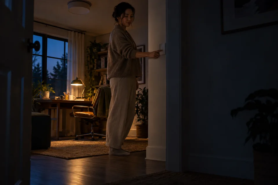A woman switches off a ceiling light while leaving one desk lamp on in a home work area.