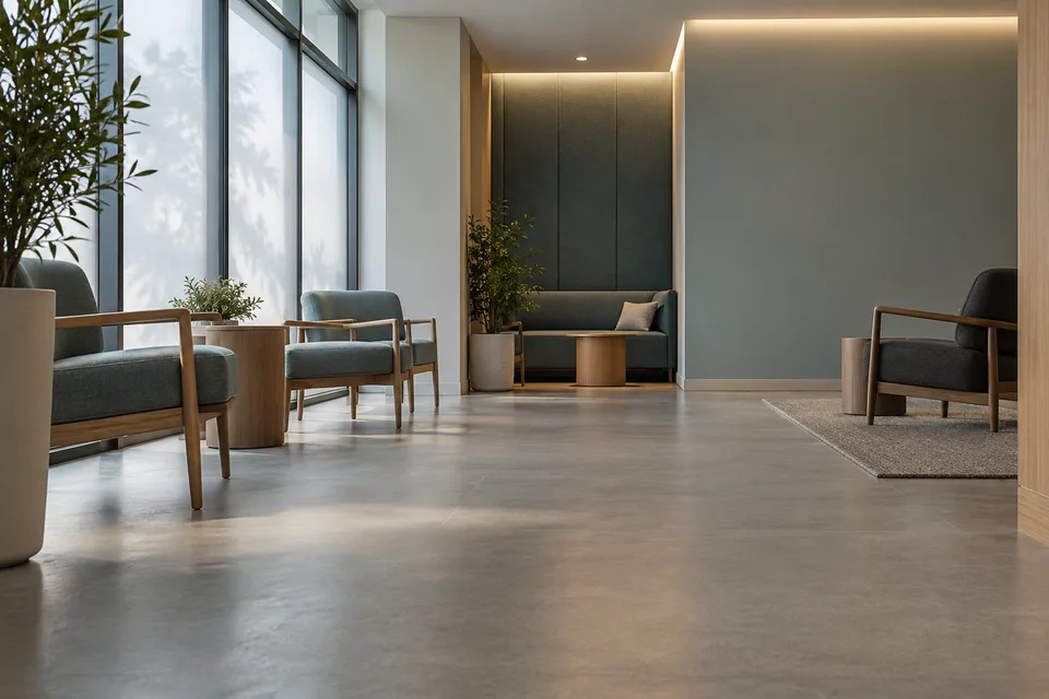 An empty waiting room uses spaced seating, acoustic surfaces, and indirect light around a clear walkway.