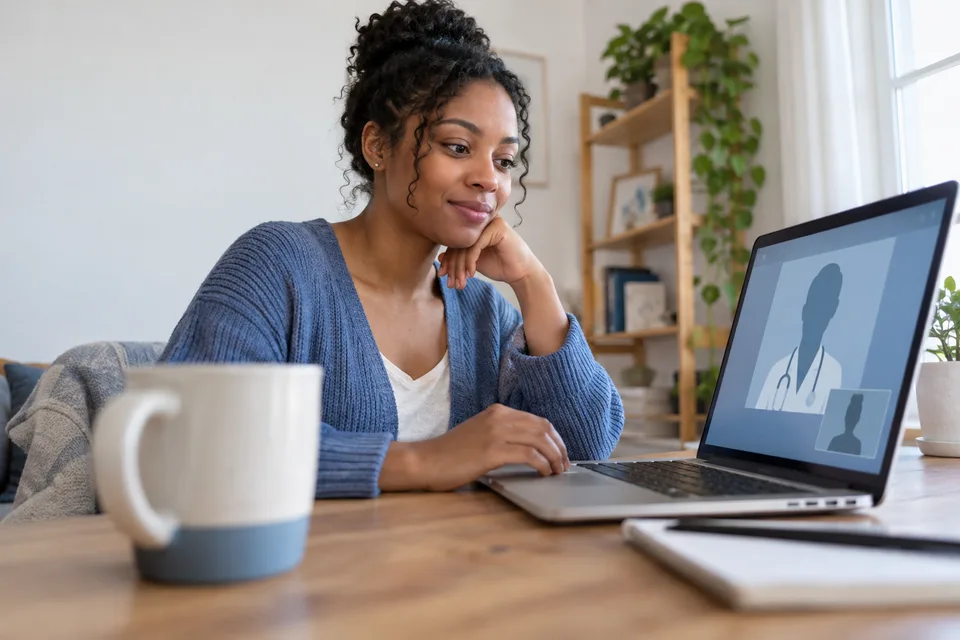 A woman attends a routine video appointment from a home desk with a generic clinician silhouette on her laptop.