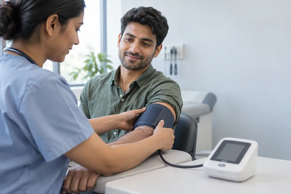 A nurse fits an upper-arm blood-pressure cuff on a seated patient with his arm supported on a table.