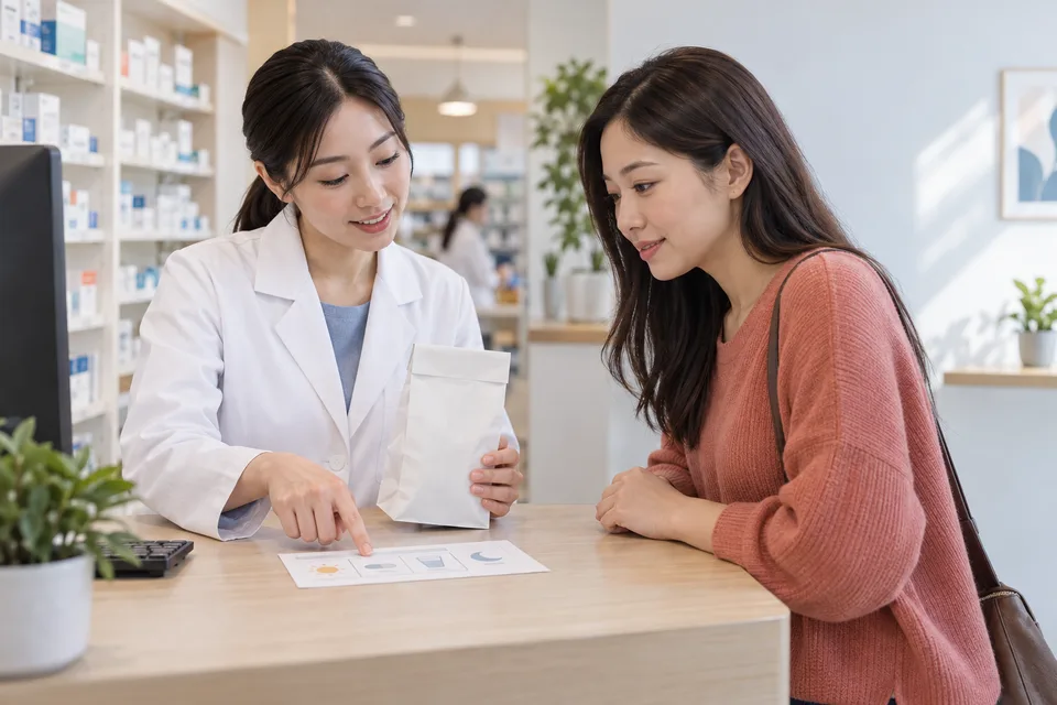 A pharmacist discusses a sealed plain bag and simple visual instruction card with a customer.
