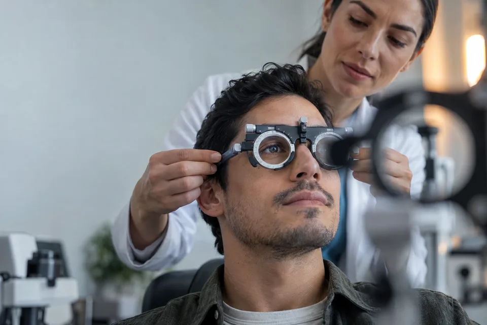 An optometrist adjusts a trial frame on a patient during a routine vision appointment.